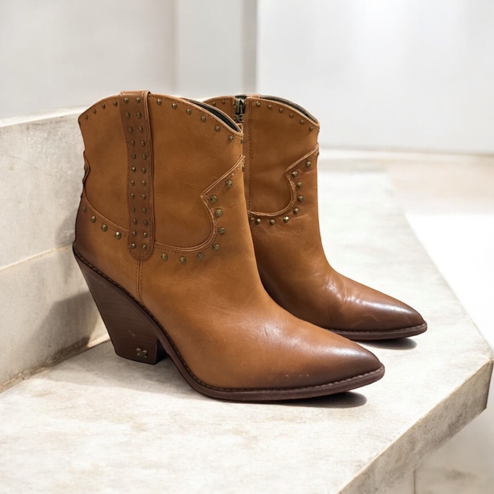 Sam Edelman Tan Western Studded Heeled Ankle Boots